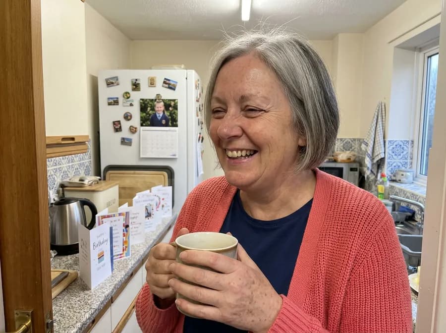 A woman in her sixties laughing in a small kitchen, holding a mug, birthday cards stood open on the worktop behind her.