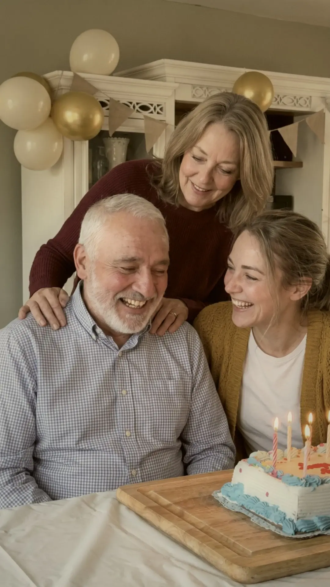 A grey-haired man laughing at a birthday cake with lit candles, his wife and daughter leaning in beside him.