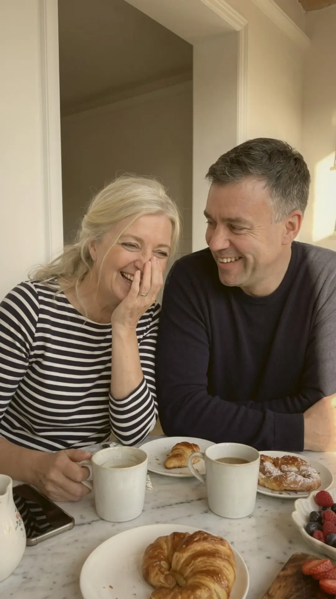 A couple at a breakfast table, she laughs with her hand over her mouth as he smiles at her.
