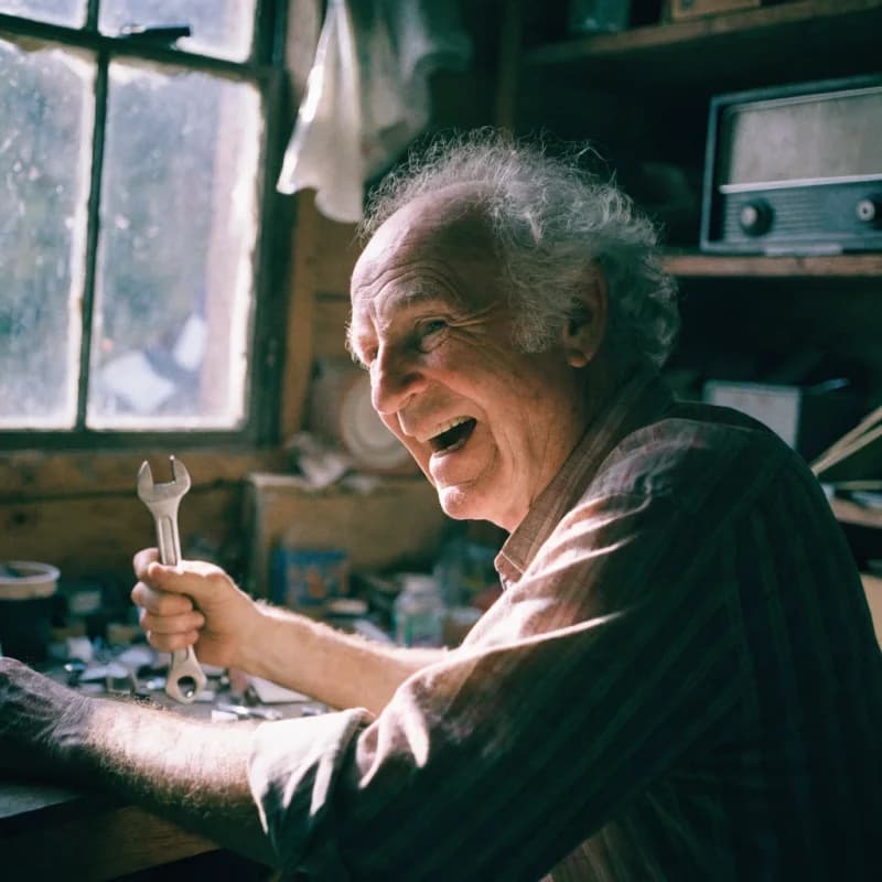 A man in his seventies laughing at his garden shed workbench, spanner in hand, an old radio on the shelf behind him.