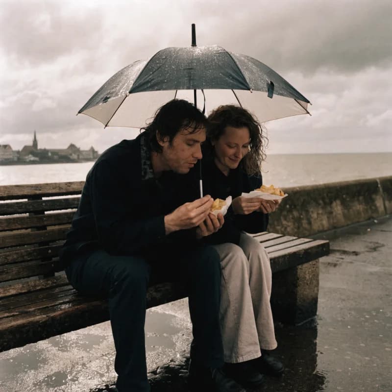 Two adult siblings on a rainy seaside bench under one umbrella, eating chips from paper, grey sea behind them.