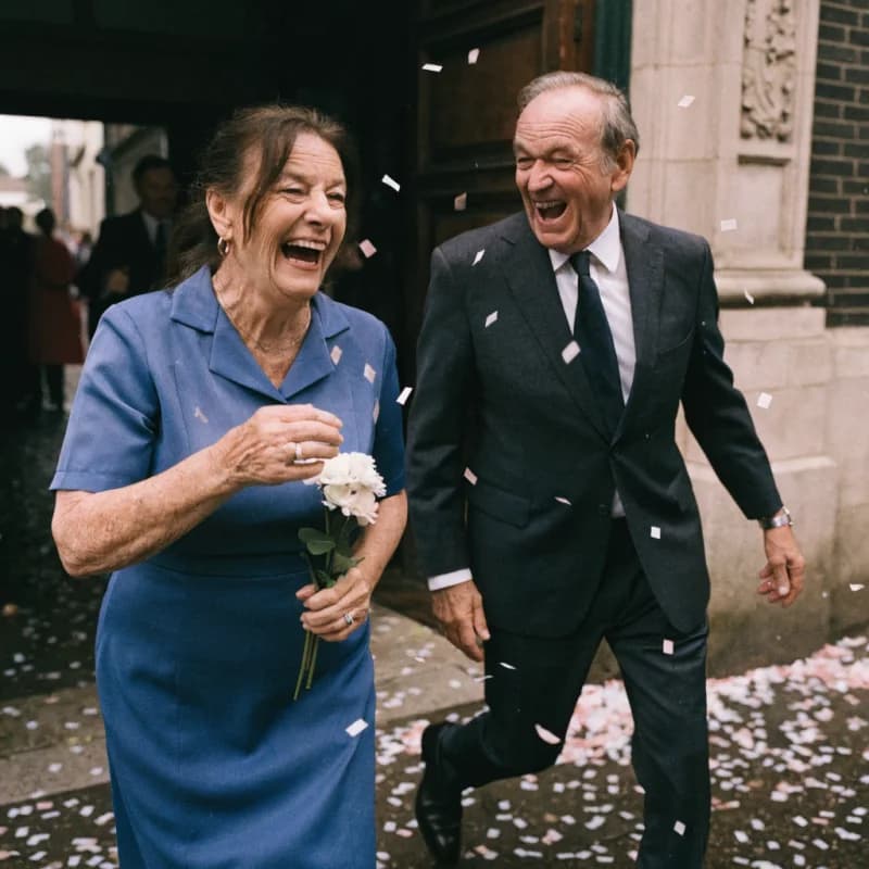 A couple in their late sixties laughing outside a registry office as confetti falls, she in a blue dress holding a posy.