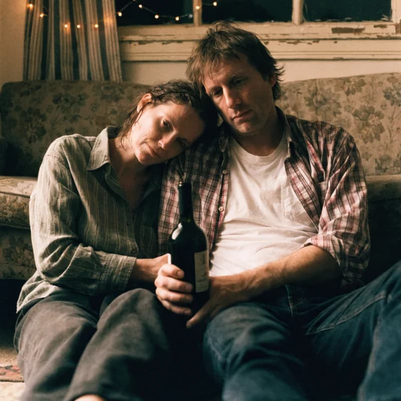 A couple sitting on the floor of a small flat with their backs to the sofa, one head resting on the other's shoulder.