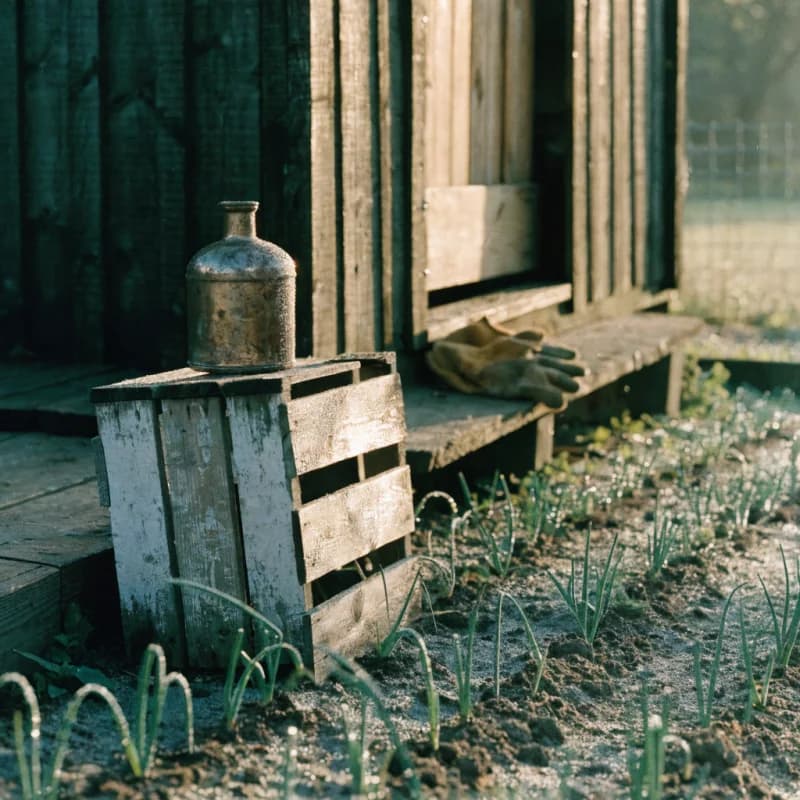 An allotment shed at dawn with the door ajar, a battered flask on a crate and worn gardening gloves on the step.