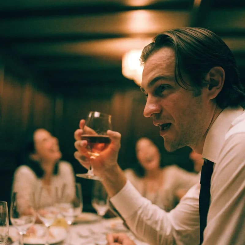 A man in his thirties standing mid toast at a wedding reception table late in the evening, tie loosened.