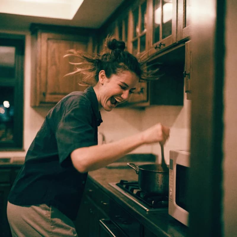 A young woman dancing while stirring a pot on the hob in a small warm kitchen.