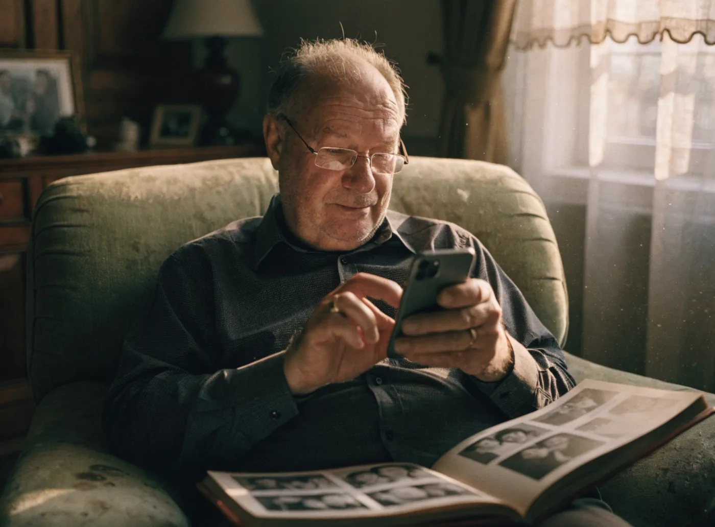 A man in his sixties in a worn armchair, reading glasses on, typing on his phone with a family photo album open across his lap.