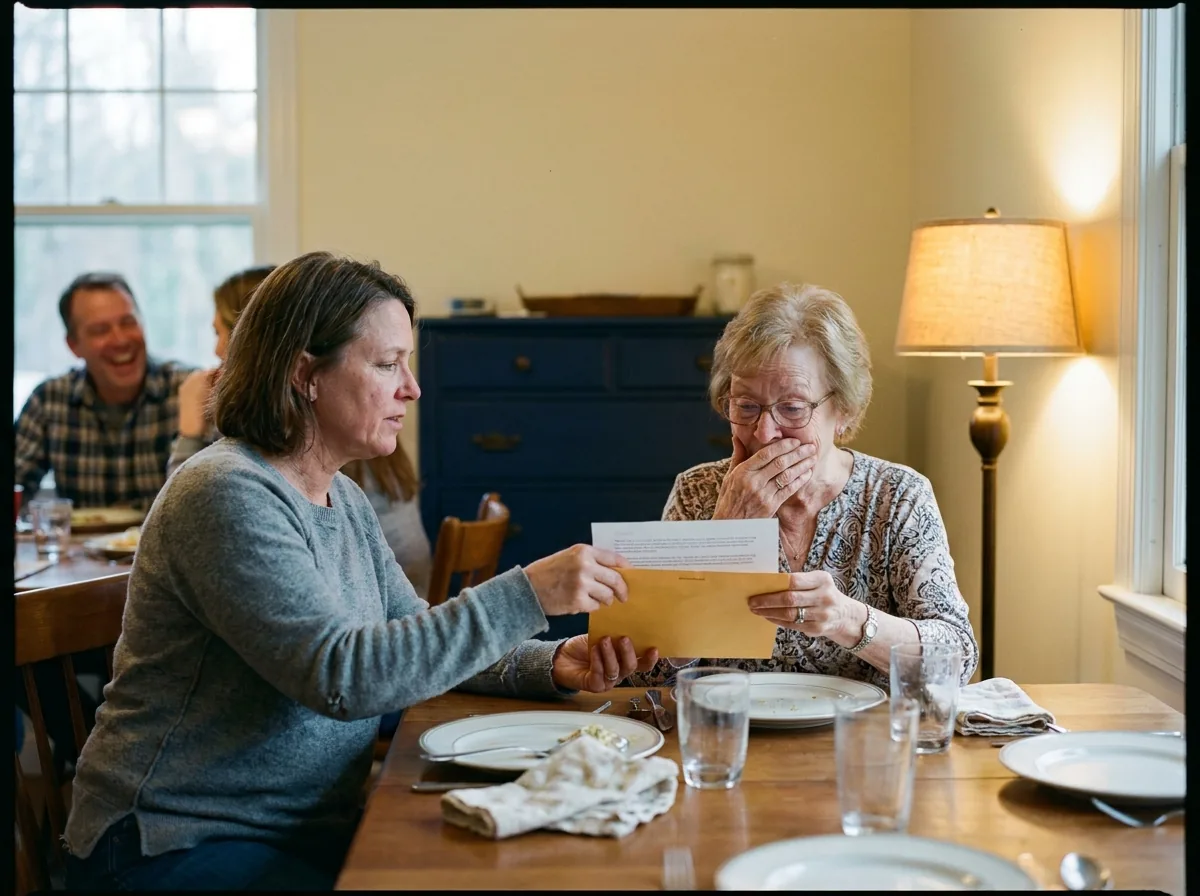 A woman handing a printed lyric sheet across a kitchen table to her mother, who is reading it and reacting.