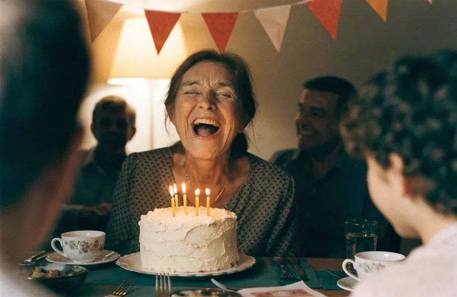 A woman in her sixties laughing behind a homemade birthday cake lit with candles, family blurred around her.