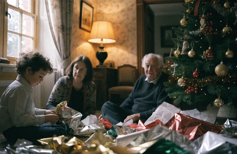Three generations of a family on the floor around a Christmas tree, wrapping paper everywhere.