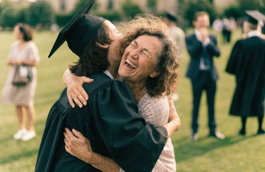 A graduate in cap and gown being hugged by their laughing mother on a university lawn.