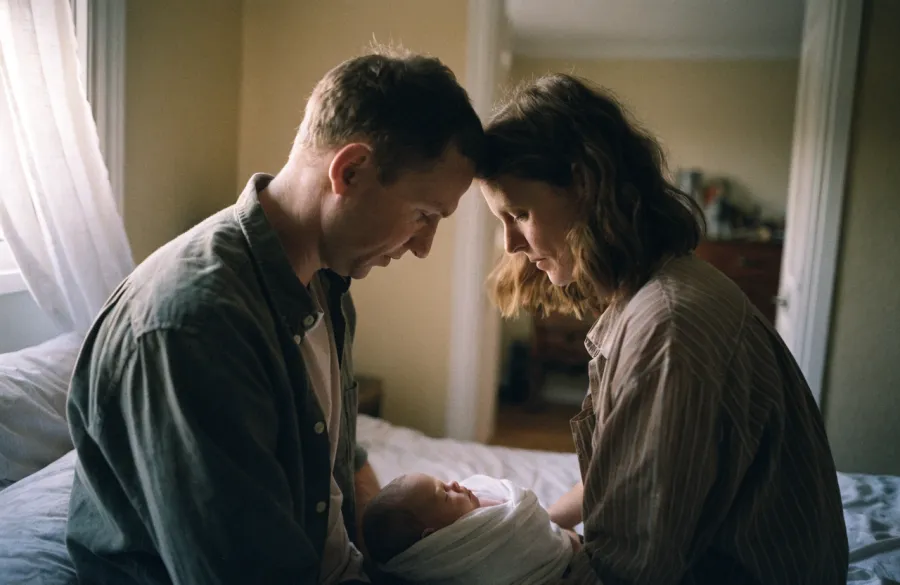 New parents on the edge of a bed in morning light, looking down at their sleeping newborn.