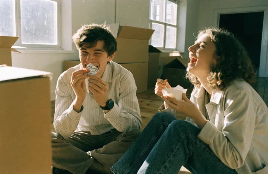 A couple sitting on bare floorboards among cardboard boxes in an empty new house, sharing a takeaway.