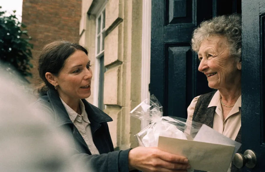A woman handing a wrapped gift and a card to a smiling older neighbour at her front door.